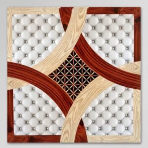 Luxury Tufted Leather & Wood Inlay Ceiling Panel – 3D Geometric Tile